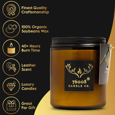 Luxury Genuine Leather Scented Candle | Woodwick Candles for Home Decor, Handcrafted Long - Lasting Soy Wax Candles | Housewarming, Gifts for Men - 16oz 76008 Candle Co.