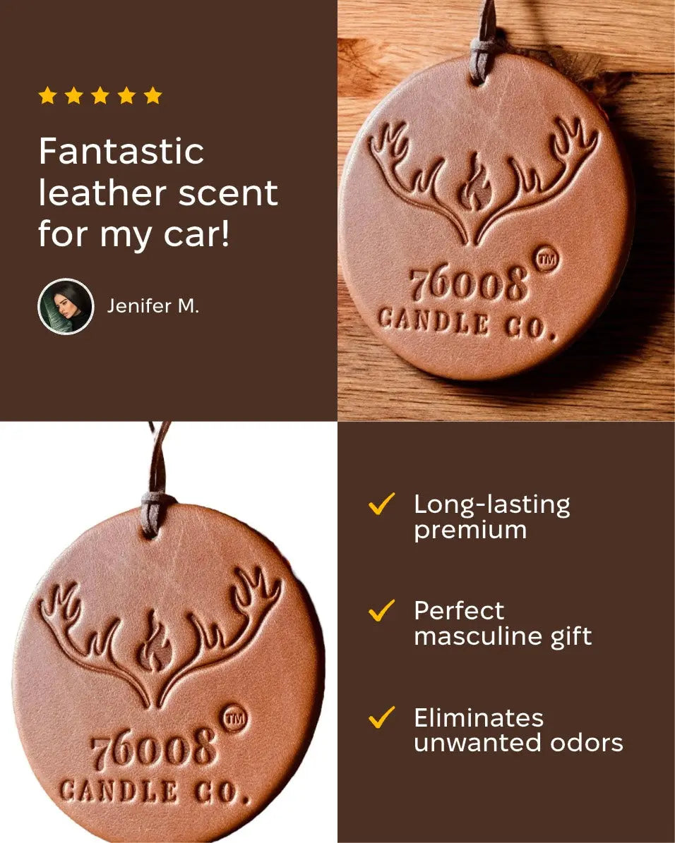 Best Leather Scented Car Air Freshener | Masculine Auto Air Freshener Gift for Him | Gift for the Man that Has It All 76008 Candle Co. LLC