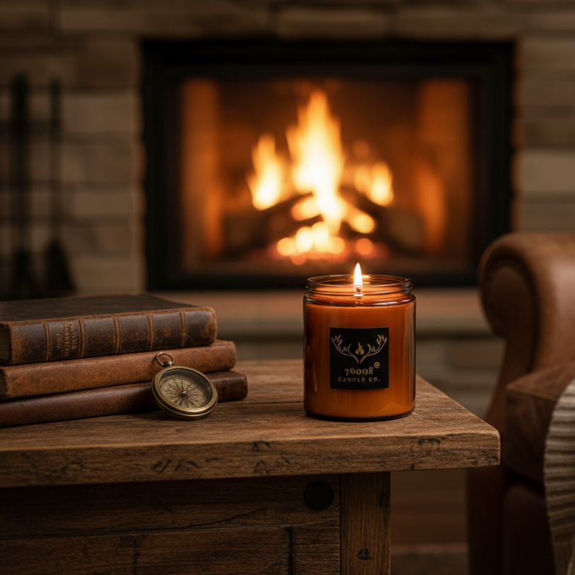 76008 Candle Co. leather scented candle with wood wick burning by fireplace - masculine home decor gift