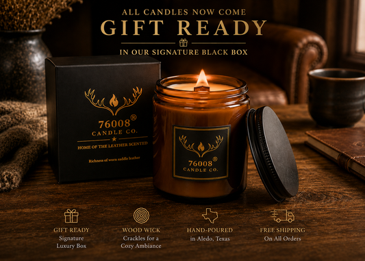 Leather Scented Soy Candle for Men - Crackling Wood Wick, Amber Glass Jar | 76008 Candle Co.