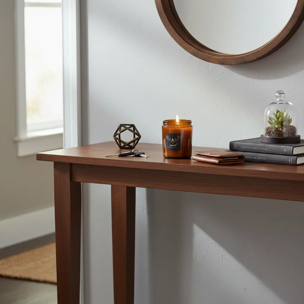 Burning leather candle on entryway table