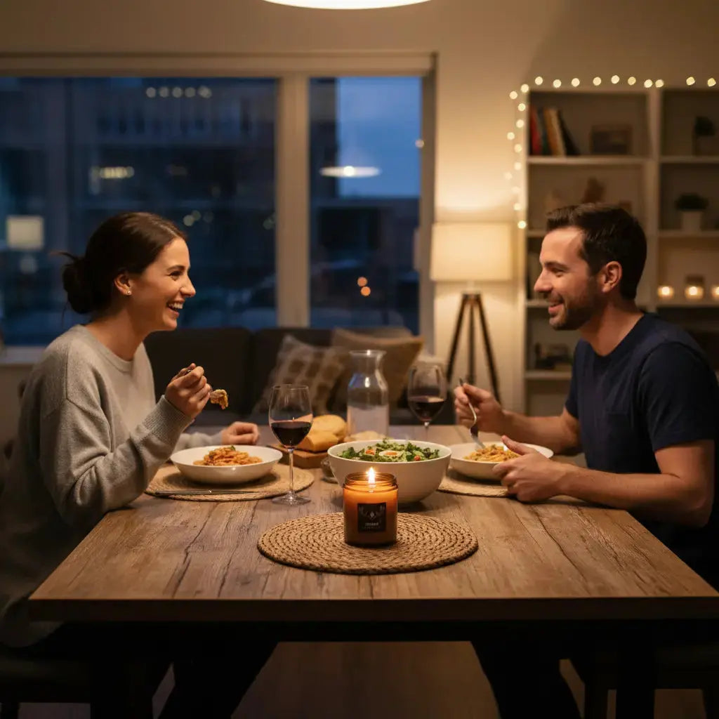 Burning leather candle with couple having dinner