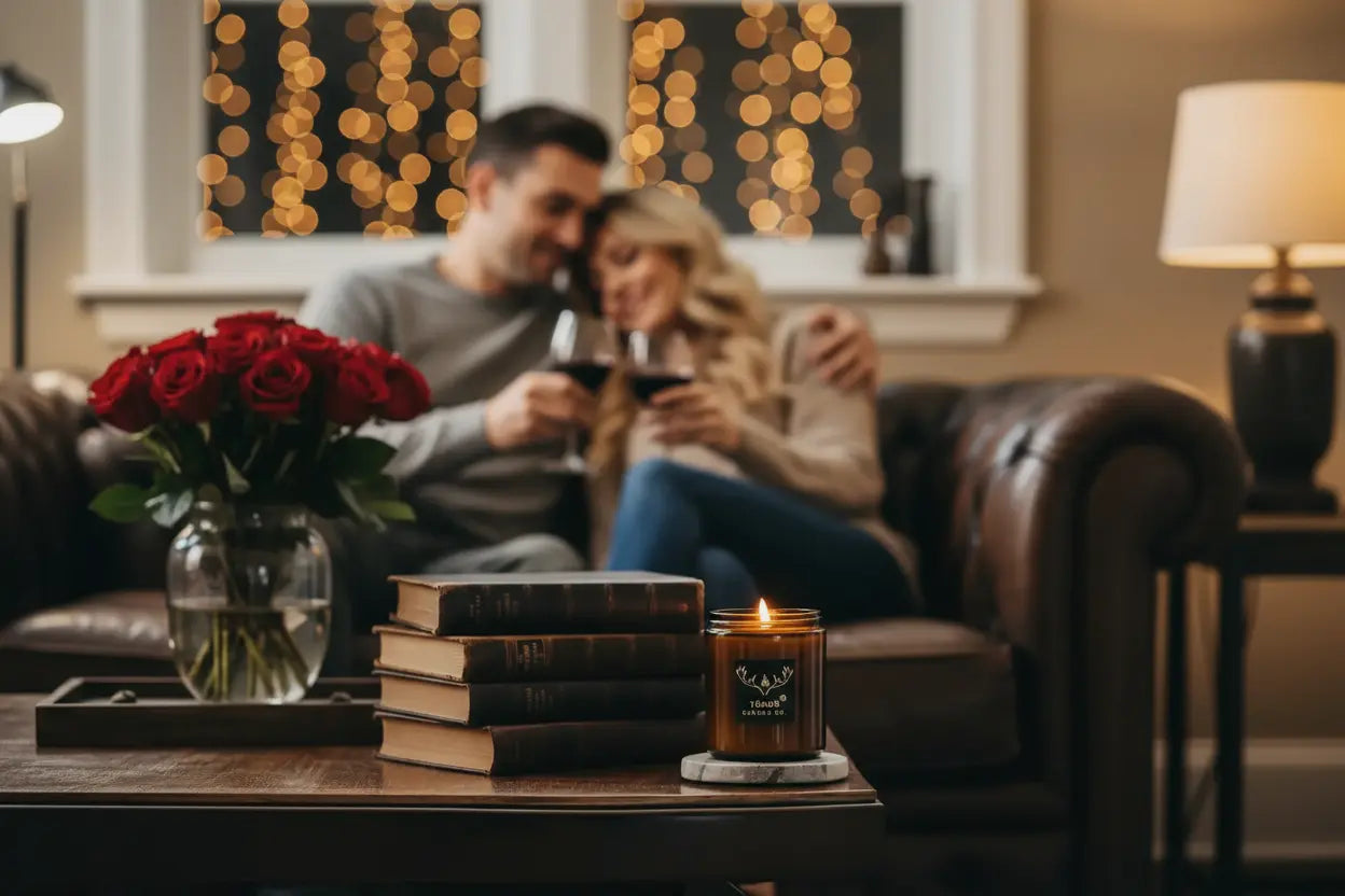 Couple enjoying romantic evening with premium leather candle