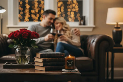 Couple enjoying romantic evening with premium leather candle