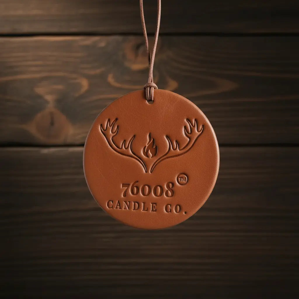 Leather air freshener on dark wood