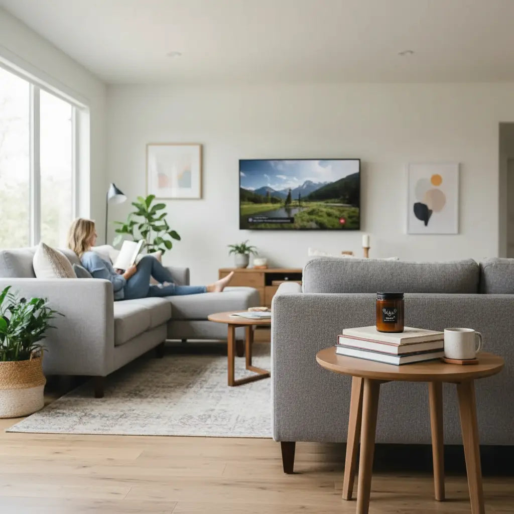 Leather candle with couple in modern living room