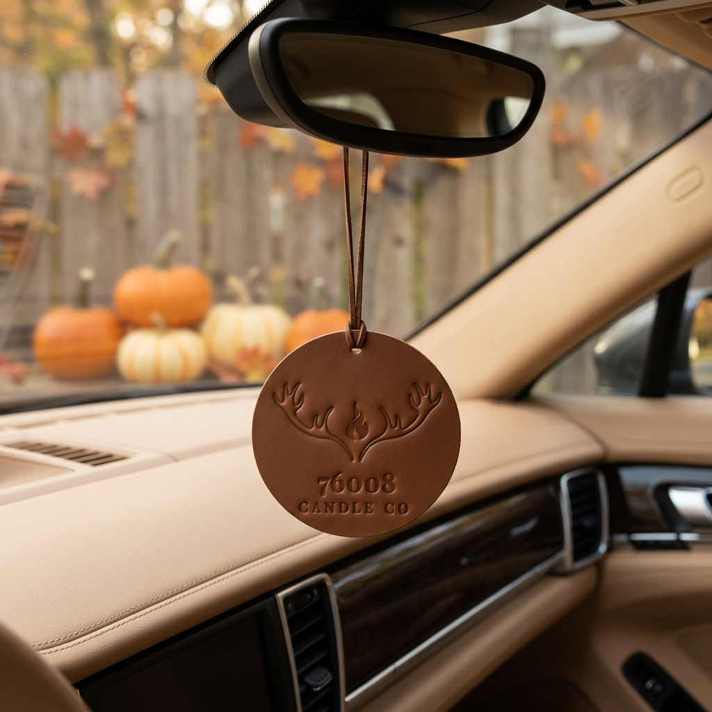 Leather freshener with a subtle fall car and pumpkin background
