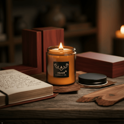 Leather + Mahogany Wood Candle - Wood Wick Soy Candle - 76008 Candle Co.