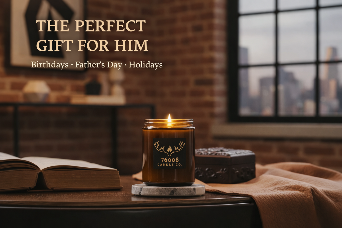Leather Scented Candle for Men | Wood Wick Soy Candle | 76008 Candle Co