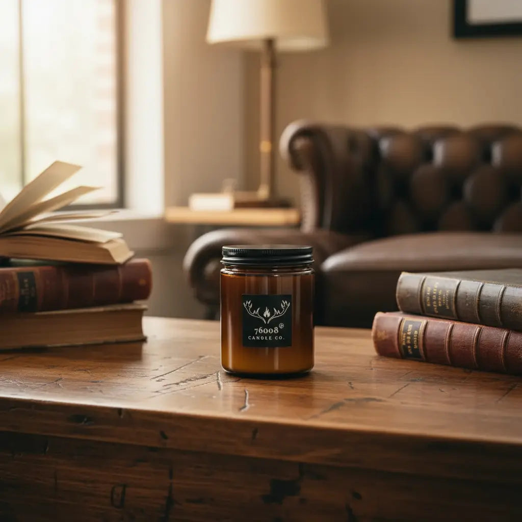 Your leather candle on rustic desk in home office