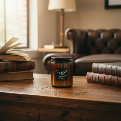 Your leather candle on rustic desk in home office