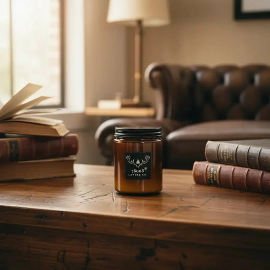 Your leather candle on rustic desk in home office